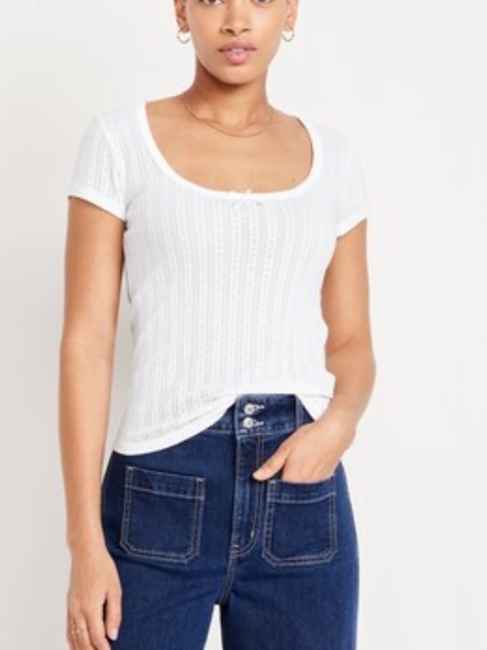 Scoop Neck Short Sleeve Pointelle Ribbed Top